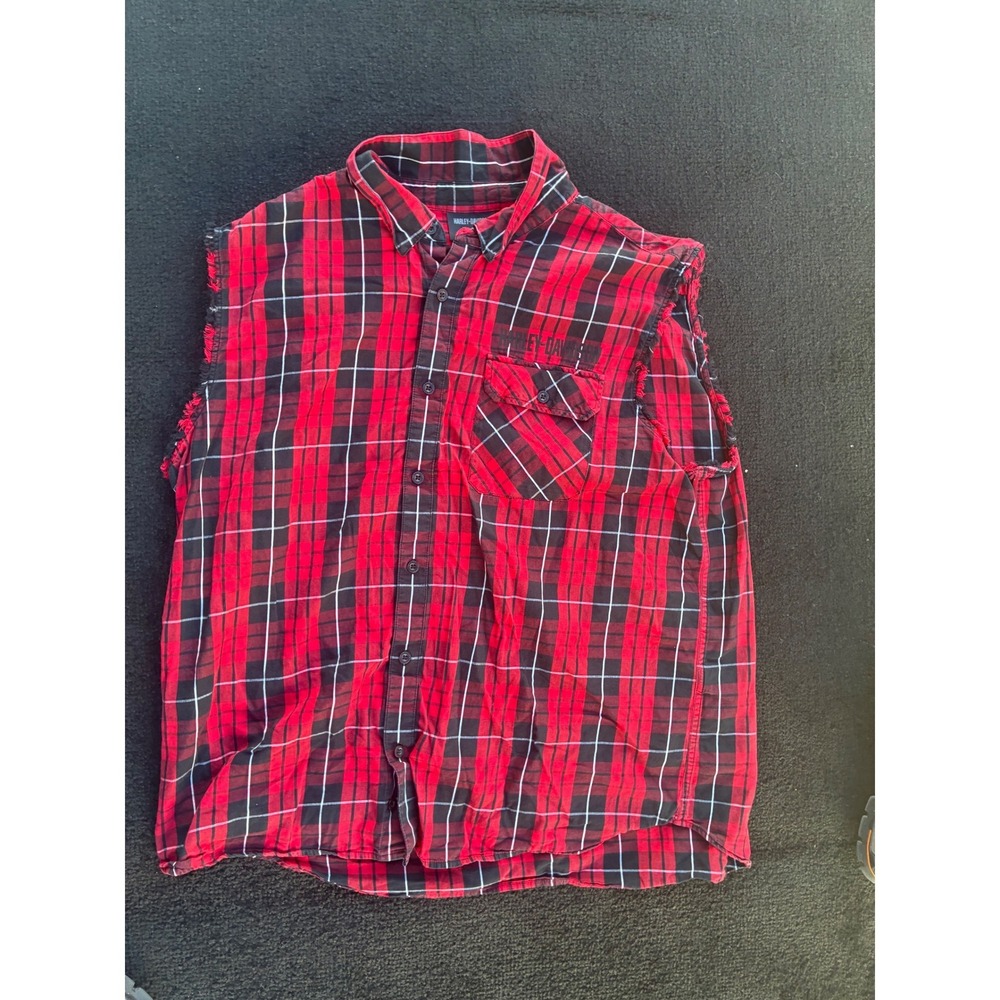 Harley-Davidson Mens 3XL Red Black Plaid Sleeveless Button Up Shirt Cutoff Logo